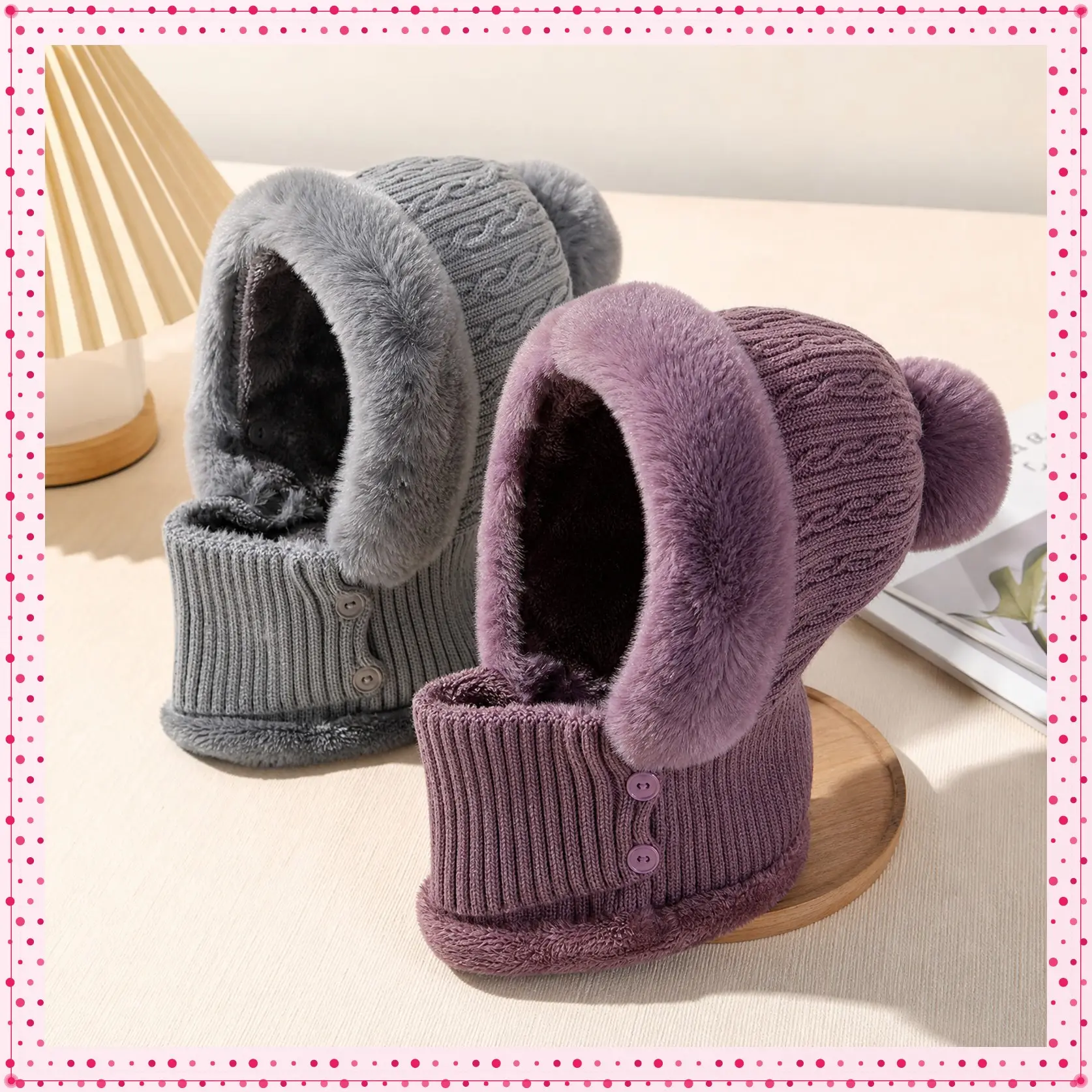 3 in 1 Winter Hat, Scarf and Mask Set - Comfortable Knitted Hat with Ears, Windproof and Warm Hooded Neck Gaiter for Outdoor Cycling