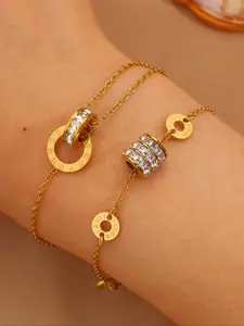 French Elegant Casual Waist Bracelet with Charms Set, Stainless Steel Single Row Diamond Design, Perfect for Daily Fashion & Vacation Wear