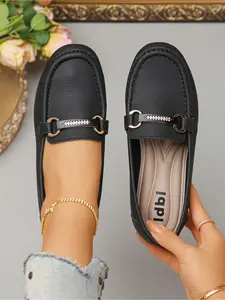 Metal buckle loafers for women with soft soles, bean shoes with anti slip and cow tendon soles, versatile for commuting, flat and casual single shoes