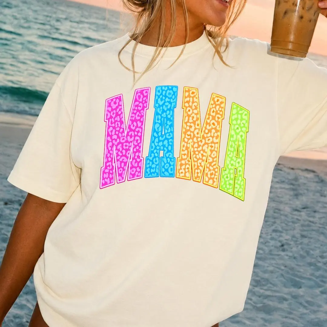 Chic MAMA Graphic Tee, Women's Baggy Streetwear T-Shirt with Neon Cheetah Print, Cotton Blend Top, Round Neck, Figure, Casual, Graphic Shirts, Sporty Chic, Athletic, Digital Print, Women's Tops, T Shirts