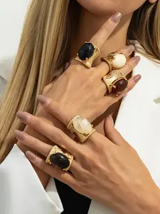 Bohemian Geometric Oval Resin Inlay Fashion Open Ring, Elegant Casual Party Wedding Holiday Gift, Versatile Metal Faux Jewelry Ring, Boho Style Rings, Bohemian Stackable Rings, Open Adjustable Rings, Fashionable Jewelry, Stackable Finger Rings