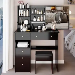 37" Middle Size Left Drawer Desktop Vanity Table + Cushioned Stool, Extra Large Right sliding mirror, Multi Layer High Capacity Storage, Practical Fashionable Dresser, Suitable For Large Space