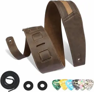 POGOLAB PGS-1 Leather Guitar Strap, 3 inch Wide Comfortable Foam Cushion Padded Bass Strap, Adjustable Length from 51" to 57", with Strap Locks & Picks, for Bass/Electric/Acoustic Guitar