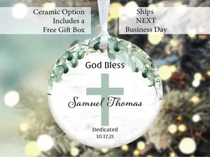 Personalized Dedicated Ceramic Ornament with Name and Date, Green Ivy Cross Porcelain Keepsake Ornament, Boys Dedication, Girls Dedication