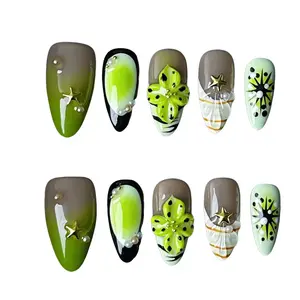 Luxe Lime Blossom Press-On Nails, Handmade Green Ombre Set with Floral, Pearl, Gold Star Accents