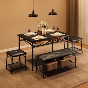 【Christmas Gift】Black Dining Table with Benches, Kitchen Table Set for 4, Dining Room Table Set with Upholstered Bench and Square Stools, Metal and Wood Dining Table Set for 4 with Storage for Small Space-Black