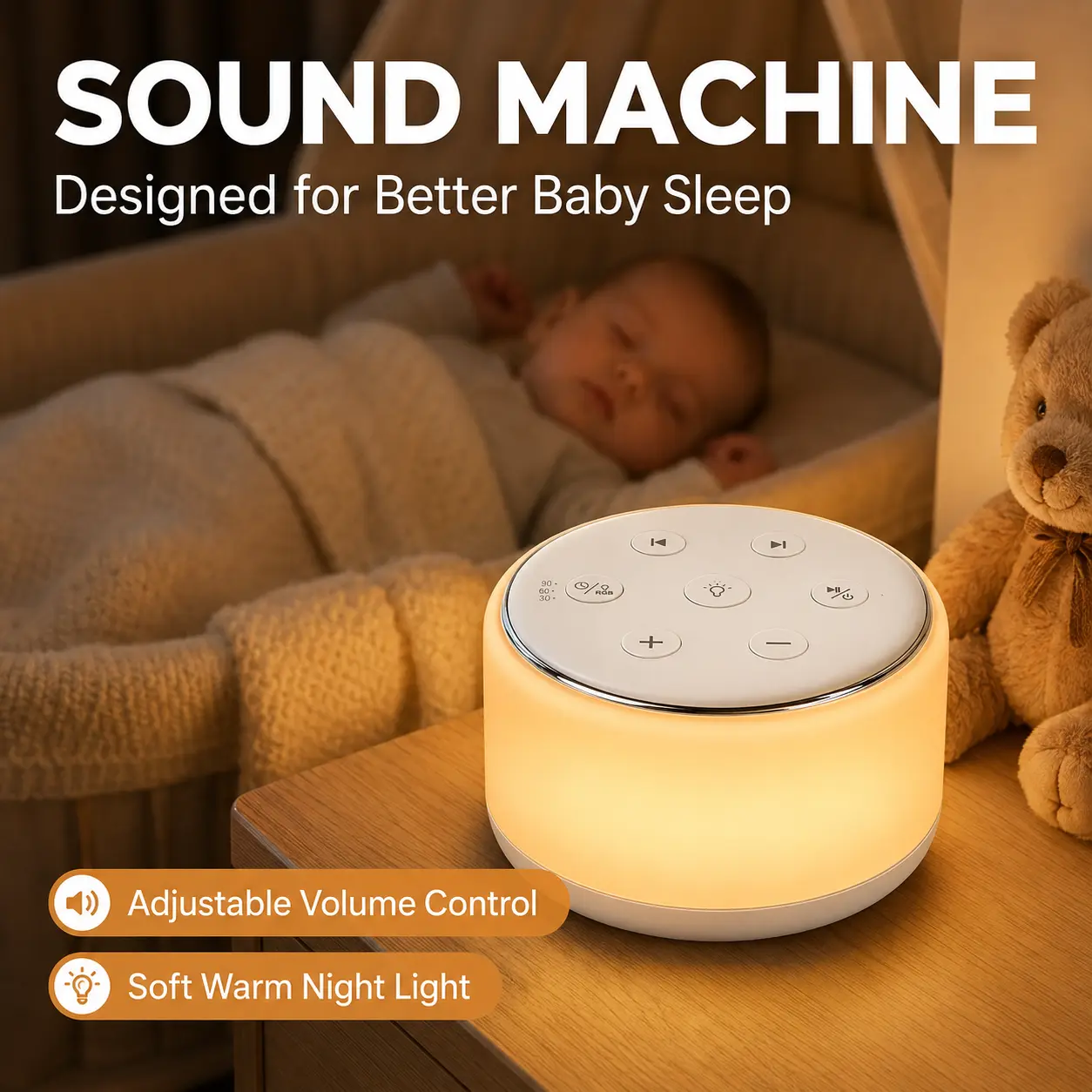 FamiSym White Noise Sound Machine with LED Light, Plastic Portable Speaker - 34 Soothing Sounds, Rechargeable, USB-C, Timer, for Nursery, Newborn Baby Shower Gift Adjustable Audio Compact