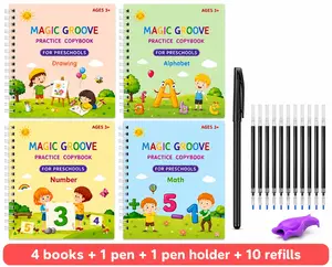 Kids Magic Groove Reusable Handwriting Workbook Set - 4 Reusable Magic Groove Copybooks, 1 Ergonomic Writing Pen, 6 Ink Refills, 1 Random Color Pen Grip, Montessori Tracing Tool, Ages 3-8 Fine Motor Skills Activity, Back to School Haul School Supplies