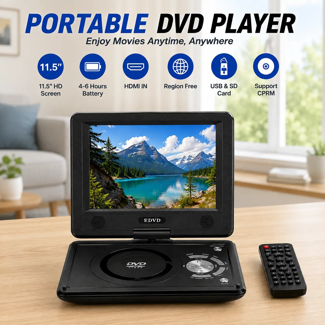 Portable DVD Player with High Definition Eye Protection Screen, Rechargeable Long-Lasting Battery, USB/TF Card & All Formats CD/DVD Player for Kids, Home & Outdoor Travel Entertainment Multimedia Video Player External Dvd Player