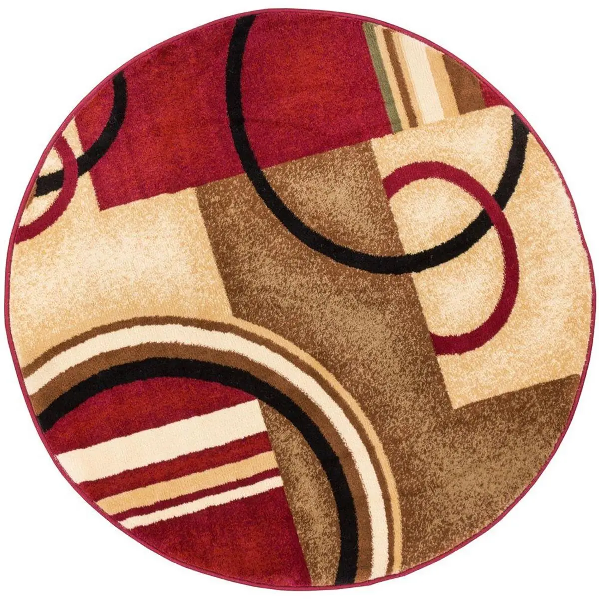 212 MAIN Stain-Resistant Synthetic Fiber Velvet Pile Round Rug, Round Shape, Jewel Tone Red, Geometric Arcs & Shapes, Modern Design, 3 ft 11 in, Jewel Tones