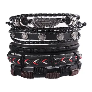 5pcs Pack Medieval Star Braided Leather Cuff Bracelets - Adjustable Boho Vintage Wristbands Suitable for Daily Wear & Medieval Events Bangle