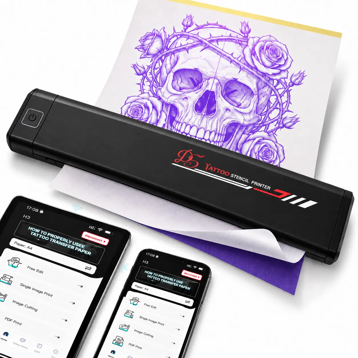 Portable Tattoo Printer (Tattoo Template Printer) D5 Model with 10pcs Multi-Pack Transfer Paper, Compatible with Phone & PC, for Artists & Beginners