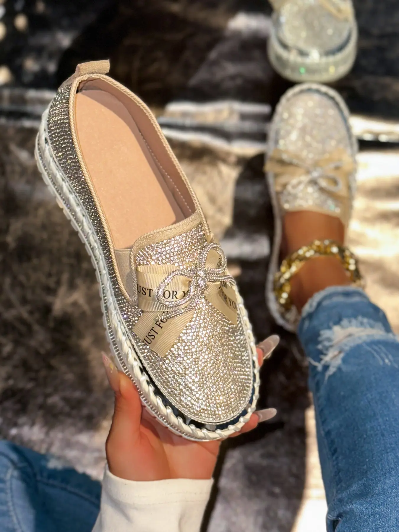 Rhinestone Bow Decoration, Sequin Thick Sole Platform Slip On Shoes, European and American Style Streetwear, Lazy Person Shoes, Women Flatform