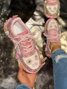 New Full Diamond Boots Women, Thick Sole Lace-Up Sparkling Rhinestone Short Boots, Fashion Street Style Trendy Women's Shoes