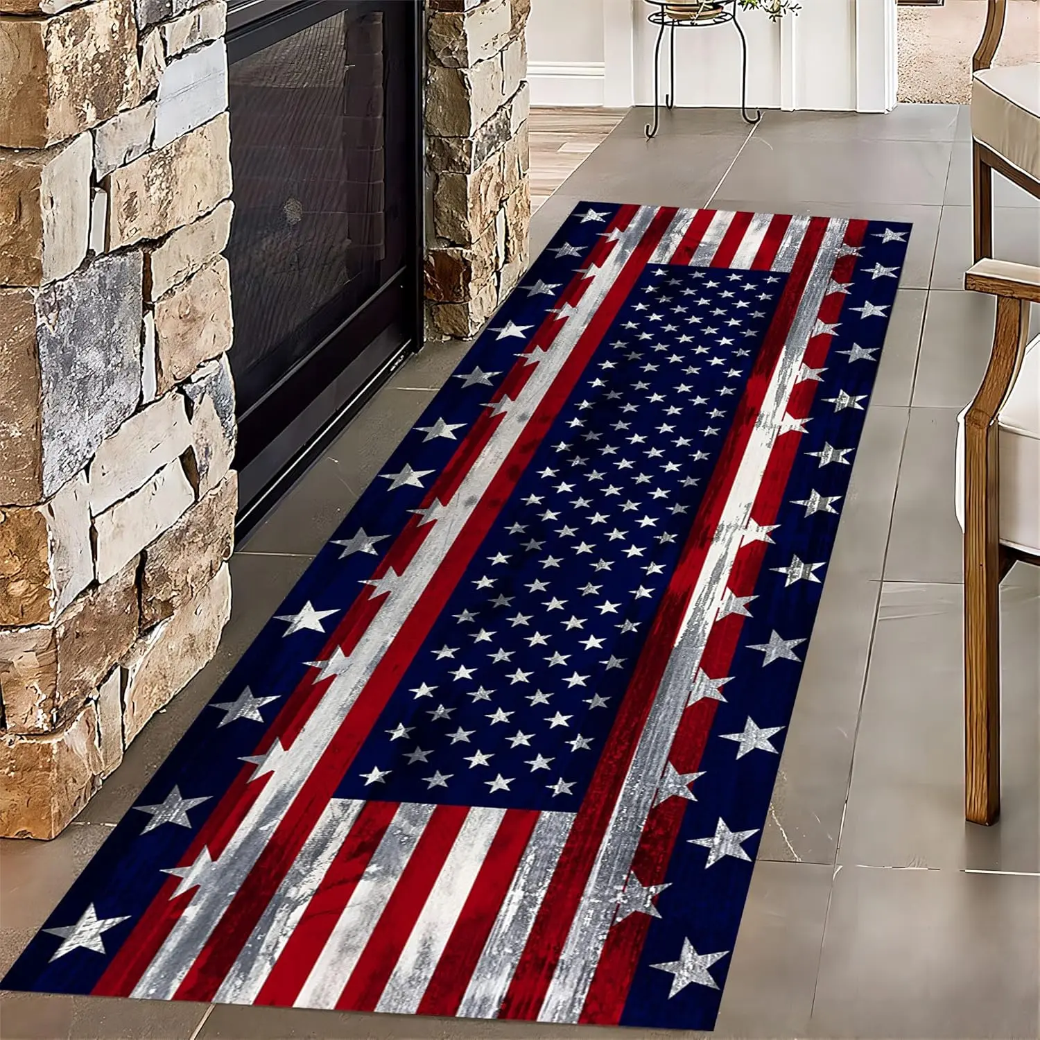 1Pc Vintage American Flag Star 250th Independence Day Runner Rug (60x22in Runner Size, 2.70x26in Alternative), Traditional Durable Artificial Fiber, Non-Slip Washable Floor Matting, Dustproof Wrinkle-Resistant Heat Transfer Entryway Hardwood Floors Decor