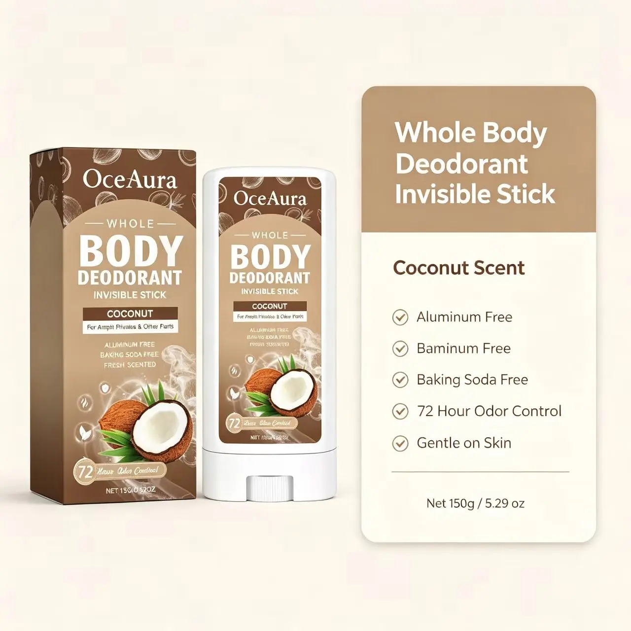 Coconut Scented Aroma Body Care Invisible High-Performance All-Over Deodorant Stick, Aluminum-Free, Non-Greasy, Suitable for Body Sweaty Areas, Cosmetic