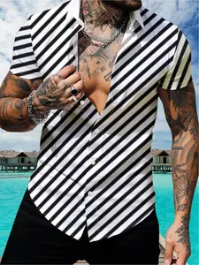 Men'S Summer Short Sleeve Casual Collared Elegant Button Front Shirt, Loose Fit, Slight Stretch, Lapel Collar, Printed, Striped, Breathable, Comfortable, Versatile Weekend Wear for Adults