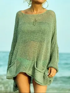 Women's Beach Cover-Up, Summer Vacation Crochet Sweater, Casual Hollow Out Mesh Top with Pockets, Fitted Plain Style, Beach Cover Ups