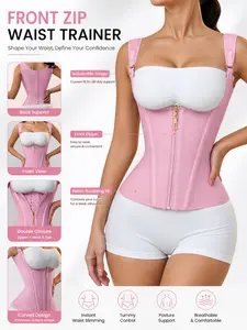 Pink Corset Waist Trainer for Women, Front Zip Shapewear Vest with Inner Hooks, Adjustable Shoulder Straps, Supportive Vertical Seams and Comfortable Fit Underwear