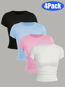 4Pack, 4 simple short sleeved tops with pleated decorations for girls, casual and comfortable, solid color combination, versatile and slimming, suitable for travel, play and vacation, machine washable and dry cleanable