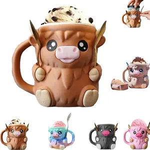 New Ice Cream Cup Holder, Cow Shape Design, Includes Freezer Handle & Two Spoons, Ideal Gift for Ice Cream Lovers