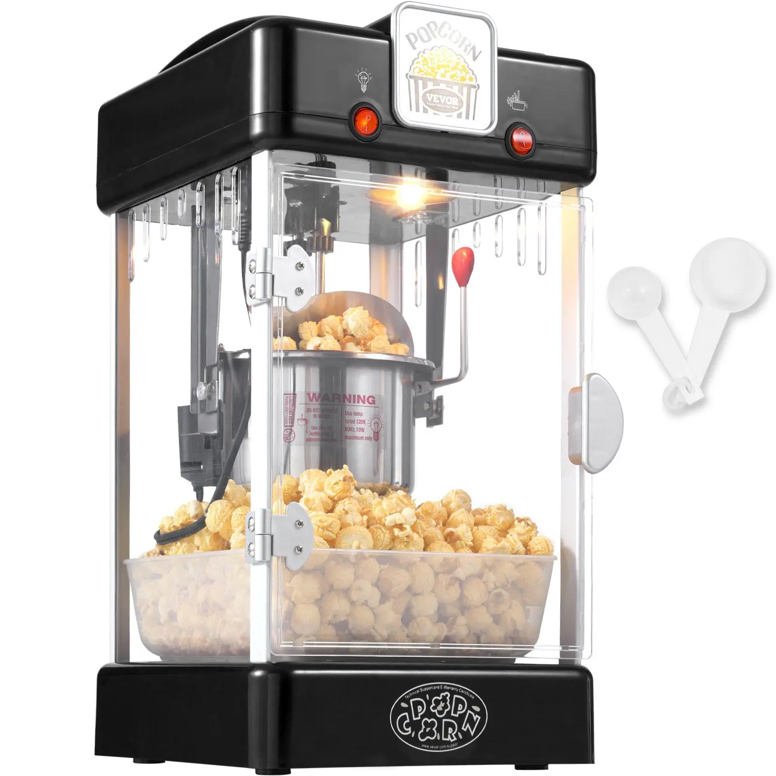 VEVOR Tabletop Popcorn Maker Popper Machine, 300W 2.5 oz Black, Tempered Glass & Cold-Rolled Plate Construction, 10W Warm Light, Dual Switch Design, Easy-Remove Wing Nut Lid, Heatable Long-Lasting for Movie Nights, Fundraisers