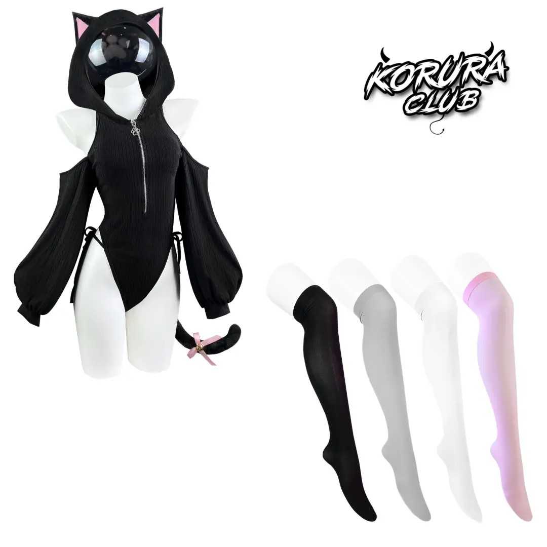 KORURACLUB SR05 Women's Plus Size Cute Cat Costume, Polyester Bodysuit Bundle with Ears, Tail & 4 Pairs of Stockings for Halloween, Cartoon, Costume Ideas