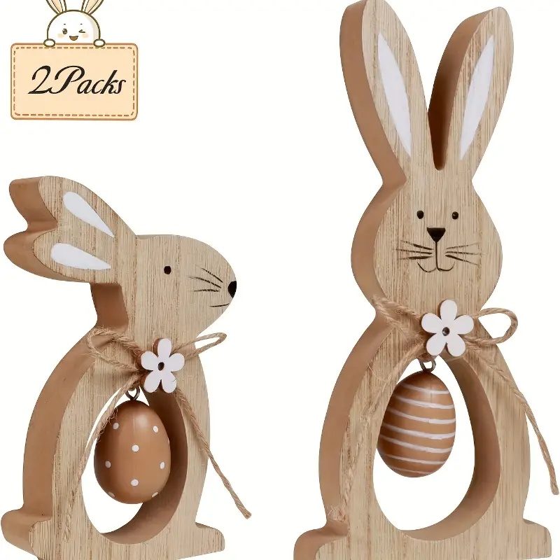 Rustic Multicolor Wooden Bunny Set (2 Pieces with Eggs) - Easter Home Decor Statues, Tiered Tray Figurines, Holiday Ornaments, Room Accessories