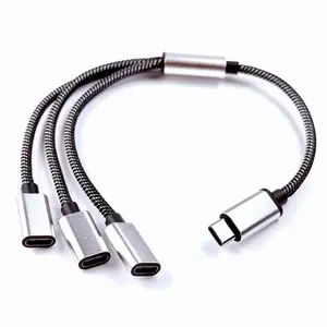 1-to-3 USB Type-C Extension Adapter, 1 Male USBC Connector to 3 Female USBC Connectors, Metal Finish Heads, High Quality Braided Cable
