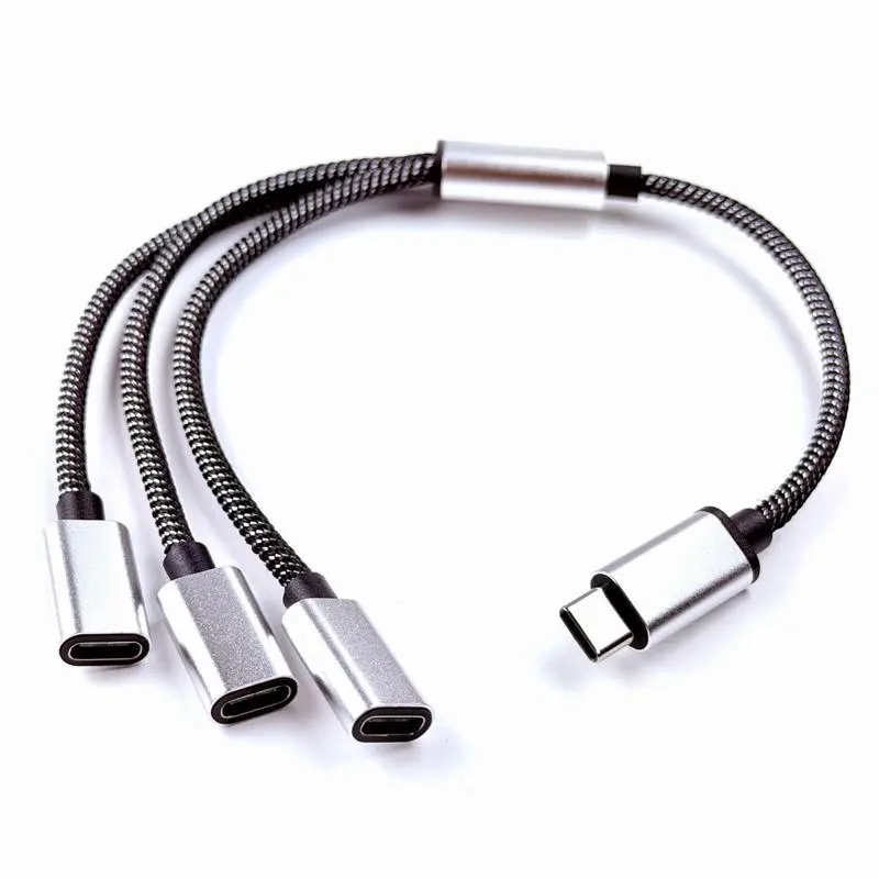 1-to-3 USB Type-C Extension Adapter, 1 Male USBC Connector to 3 Female USBC Connectors, Metal Finish Heads, High Quality Braided Cable