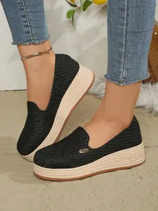 Women's Loafers Spring Autumn New Fashion Comfortable Rope Woven Slip-On Round Toe Casual Shoes, Medium Width Textile Upper Walking Shoes