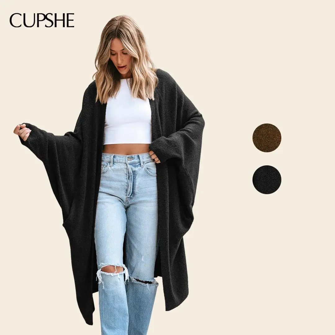 CUPSHE Women's Longline Cardigan, Open Front Knit Duster Sweater with Dolman Sleeves, Lightweight Long Sleeve Layering Top, Casual Fall Outfit for Women, Travel Weekend Wear