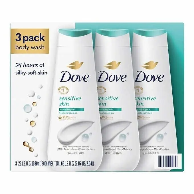 Dove Sensitive Skin Body Wash 23 Fluid Ounce Pack of 3 for 24 Hours of Silky Soft Skin Care Body Care Product Body Care Cleanser