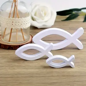 9PCS White Wooden Fish Decorations for Baptism & Confirmation, 3 Sizes Religious Table Centerpieces for Communion Party & Church Celebrations