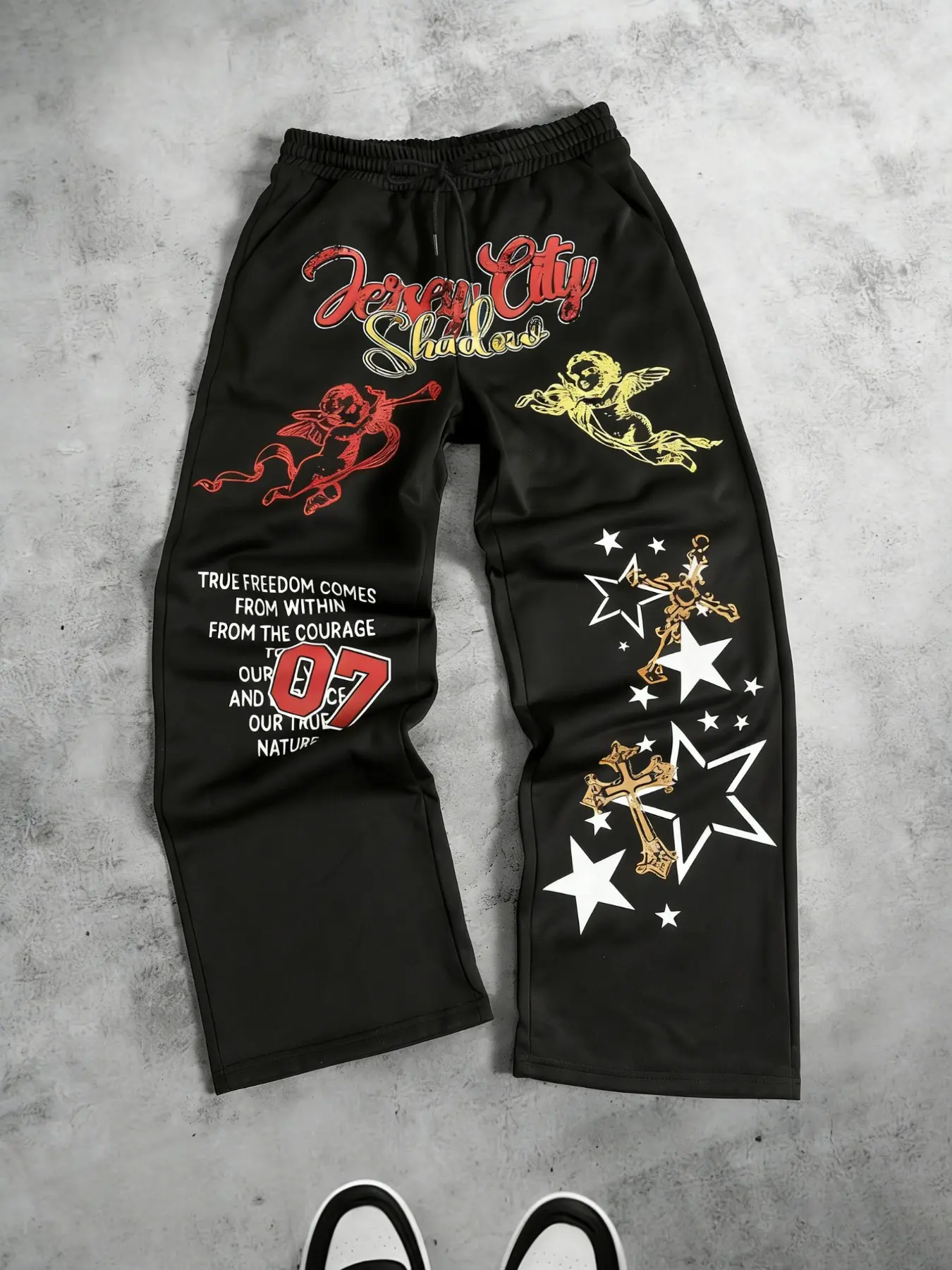 Angel Print Wide Leg Pants, Vintage Graffiti & Cross Star Pattern Street Style, Loose Fit Unisex Casual Long Trousers, Daily Wear