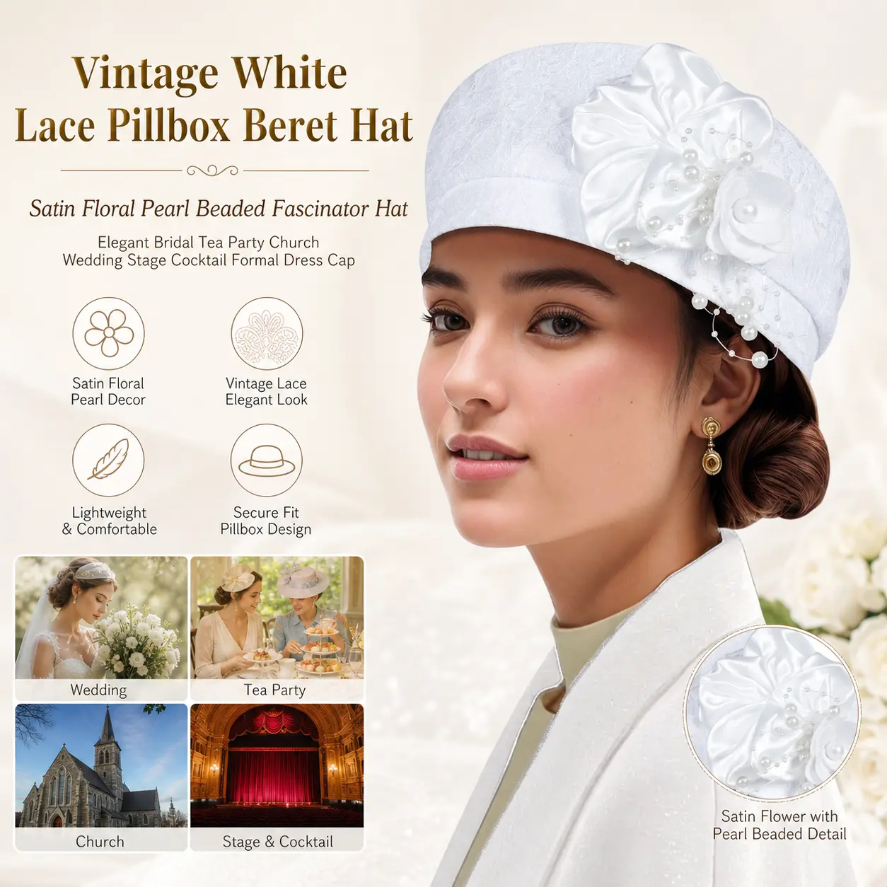Vintage White Lace Pillbox Beret Hat for Women, Satin Floral Pearl Beaded Fascinator Hat, Elegant Bridal Tea Party Church Wedding Stage Cocktail Formal Dress Cap