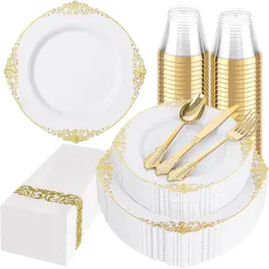 175-Piece White and Gold Plastic Dinnerware Set-An elegant disposable tableware set for 25 guests, featuring 10.25-inch dinner plates, 7.5-inch dessert plates, cutlery, napkins, and cups. Perfect for parties and Thanksgiving gatherings.