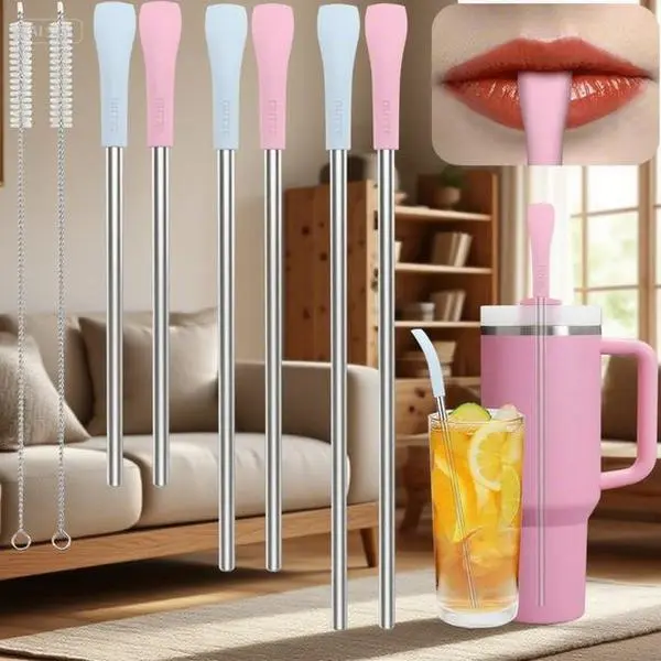 Reusable Stainless Steel Drinking Straw Set (6-Pack) - Flat Wide Eco-Friendly Metal Straws with Cleaning Brush, Portable Carry Bag, Ideal for Tumblers, Smoothies and Iced Beverages