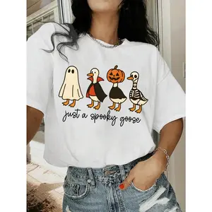 Fun Halloween Goose Print Pattern Pure Cotton T-Shirt; Just A Creepy Goose, Goose In Halloween Costume Sublimation, Cute Horror Goose Loose Fashion Casual Short