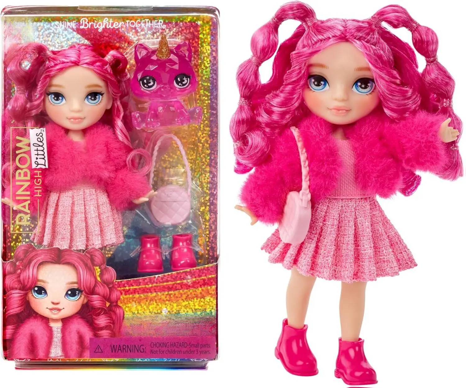 Rainbow High Littles Magenta Monroe 5.5" Poseable Doll with Pink Outfit Purse & Magical Pet Kitty for Girls Ages 4-12 Years