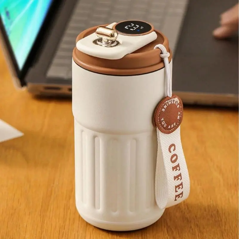 Lightweight Stainless Steel Temperature Display Insulated Tumbler - Vacuum Coffee Water Bottle with Strap, Portable Home Supplies Drinkware for Travel, Gifts for Boyfriend, Valentine’s Day Reusable Thermos Cup