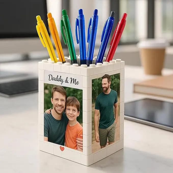 Personalized Daddy & Me Brick Photo Pencil Holder – Custom Photo Desk Organizer, Father’s Day Gift for Dad, Unique Dad and Child Keepsake Pencil Pot, Empty Brick Insert Design