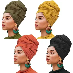 4 Pieces Stretch Jersey Head Wrap Knit Turban Urban Hairband Scarf Fashion Headband Solid Color Breathable Ultra Soft Extra Long Head Band Tie for Women (Black, Army Green, Turmeric, Orange)