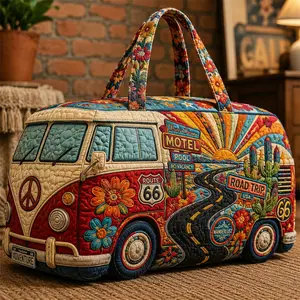 Retro Road Trip Van Quilted Weekender Bag, Boho Floral Route 66 Travel Duffle Bag, Large Capacity Overnight Bag for Women, Vintage Camper Style Carry On Tote for Vacation, Weekend Getaway, Gym, Beach, Road Trip
