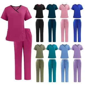 Women'S 2 Piece Stretch Jogger Scrubs Set Solid V-Neck Nursing Uniform Quick Dry Breathable