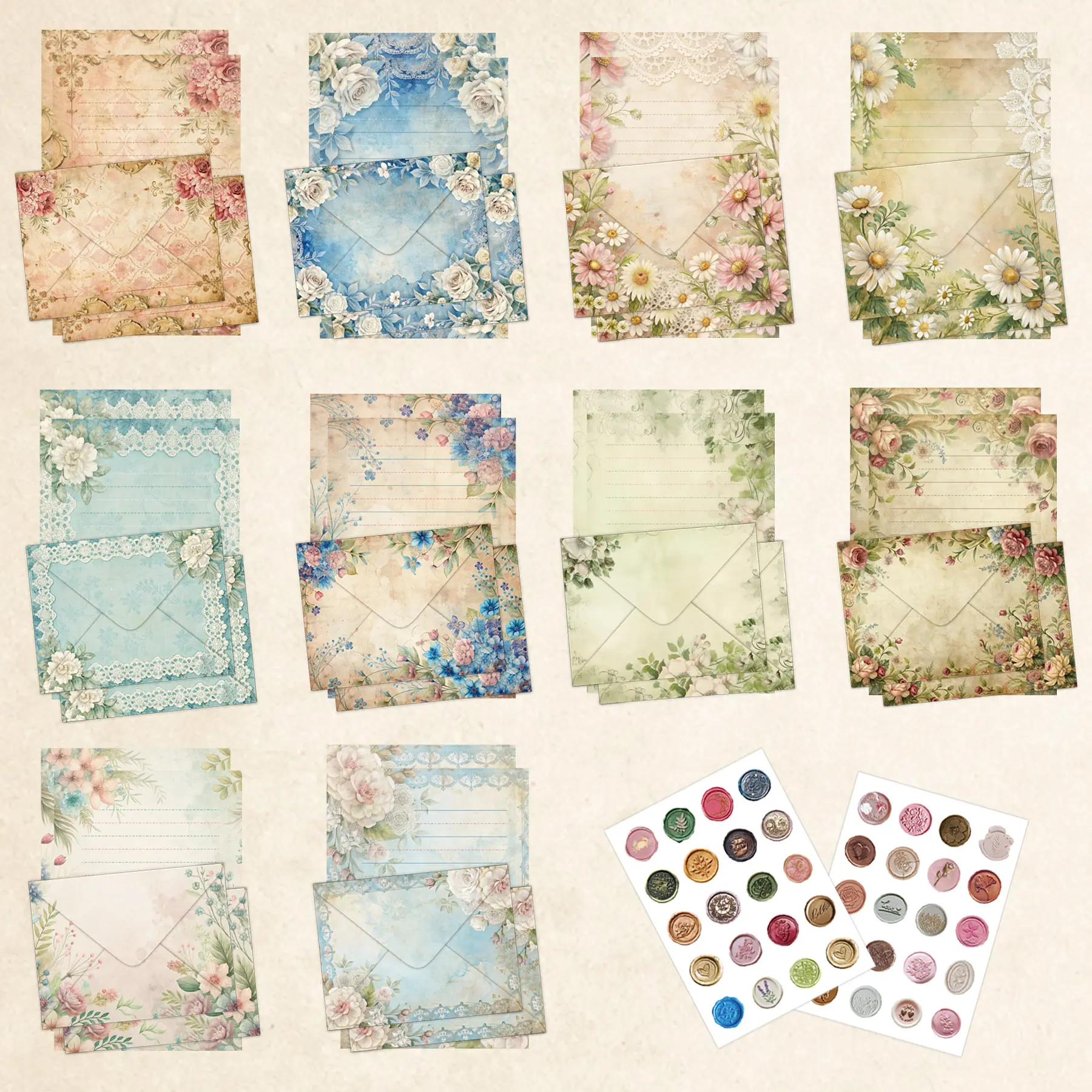 30 Sets Aesthetic Vintage Unique Envelopes Letter Paper Kits DIY Envelope Postcards Invitation Cards Cover Letter Paper Stationery Supplies
