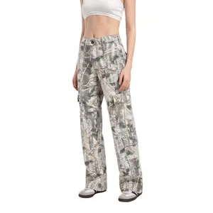 PinkyMoor Women's forest print camouflage pants overalls mid-low waist pants dance studio pants stylish casual