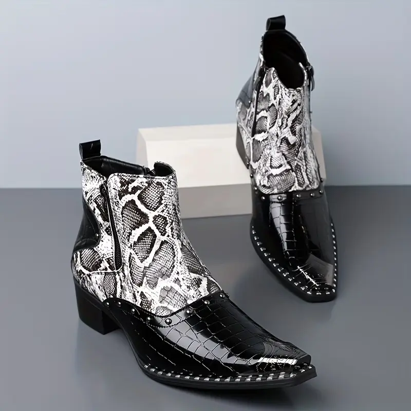 Men's Urban Chic Ankle Boots with Snakeskin & Crocodile Embossed Texture, Square Toe Studded Zip-Up Low Heel Design, Ankle Height, Low Kitten