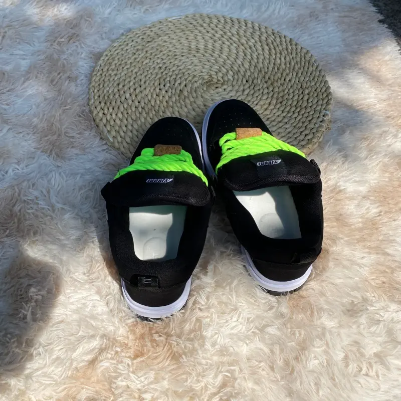 Men's Chunky Canvas Skate Sneakers, 90s Look Mid-Tops with Neon Green Chunky Rope Laces, Retro Street Sport Trainers in Extended Range Sizes, Retro Style, Casual, Large Sizes, Sporty Chic, Skating Walks, All Seasons, Cloth, Lace-Up, Minimalist, Wide Feet