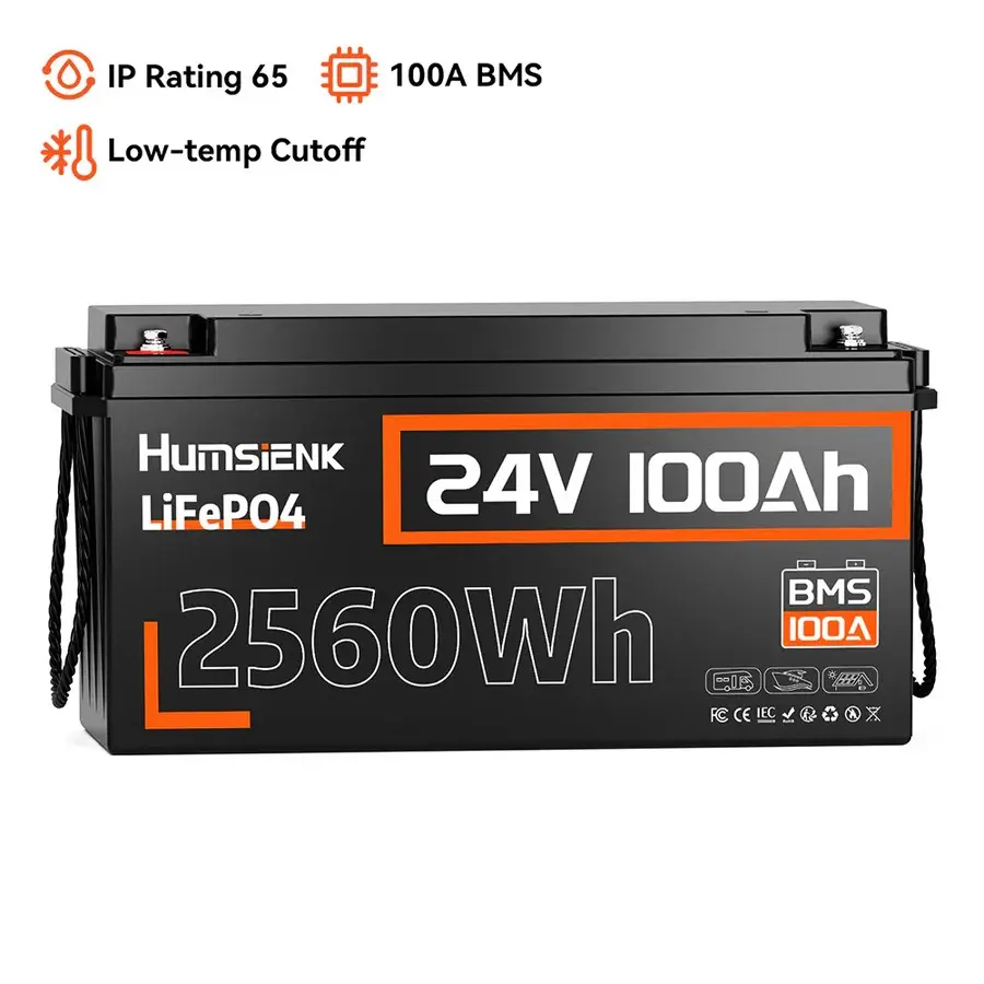 HumsiENK 24V 100Ah LiFePO4 Lithium Battery, Built-in 100A BMS with Low-Temp, 15000+ Deep Cycles 10 Years Lifespan, 2560Wh Lithium Iron Phosphate Battery, for RV Solar Energy Off Grid Trolling Motor